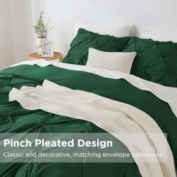 Litanika Dark Green King Pinch Pleat Duvet Cover, 3 Pieces Pintuck Cover Soft Microfiber Bedding Set with Zipper Closure & Corner Ties(104x90Inch-1 Duvet Cover, 2 Pillowcases)