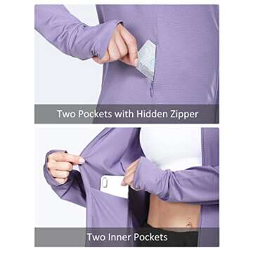 BALEAF Women's Long Sleeve Running Shirts UPF 50+ Sun Protection Full Zip Athletic Jackets Lightweight Zipper Pockets Purple Size M