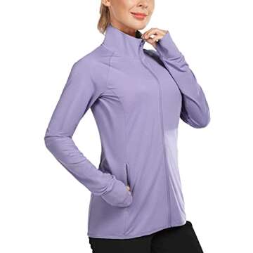 BALEAF Women's Long Sleeve Running Shirts UPF 50+ Sun Protection Full Zip Athletic Jackets Lightweight Zipper Pockets Purple Size M
