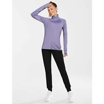 BALEAF Women's Long Sleeve Running Shirts UPF 50+ Sun Protection Full Zip Athletic Jackets Lightweight Zipper Pockets Purple Size M