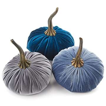 Set of 3 Velvet 6.25 Inch Pumpkins, cozy autumn vibe blue pumpkins, fall home decor, bowl filler cen...