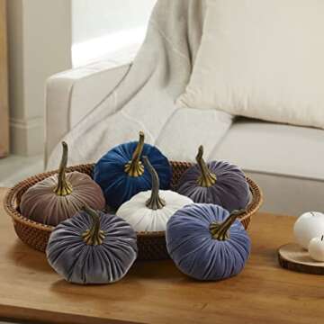 Set of 3 Velvet 6.25 Inch Pumpkins, cozy autumn vibe blue pumpkins, fall home decor, bowl filler centerpiece, office bookshelf decor, gift set for friend (Slate Blue, Teal, Gray)
