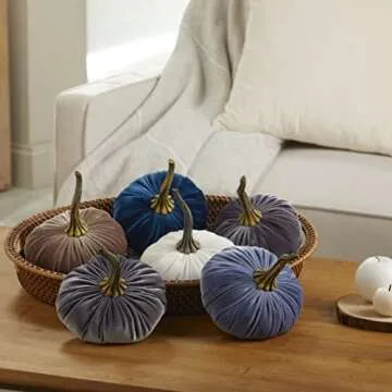 Set of 3 Velvet 6.25 Inch Pumpkins, cozy autumn vibe blue pumpkins, fall home decor, bowl filler centerpiece, office bookshelf decor, gift set for friend (Slate Blue, Teal, Gray)