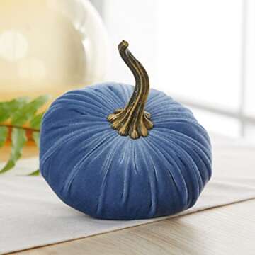 Set of 3 Velvet 6.25 Inch Pumpkins, cozy autumn vibe blue pumpkins, fall home decor, bowl filler centerpiece, office bookshelf decor, gift set for friend (Slate Blue, Teal, Gray)