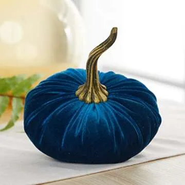 Set of 3 Velvet 6.25 Inch Pumpkins, cozy autumn vibe blue pumpkins, fall home decor, bowl filler centerpiece, office bookshelf decor, gift set for friend (Slate Blue, Teal, Gray)