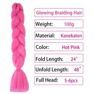 ItsUHair 5pcs Hot Pink Braiding Hair Jumbo Braids Glow in the Dark Hair Pre Stretched 24inch Synthetic Colored Hair Extensions for Box Braids