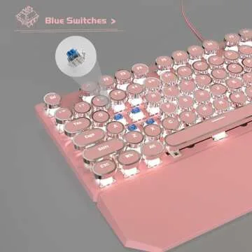 MageGee Typewriter Mechanical Gaming Keyboard, Retro Pink Punk Round Keycaps LED White Backlit Wired Keyboards with Detachable Wrist Rest for Game and Office, for Windows Laptop PC Mac - Blue Switches