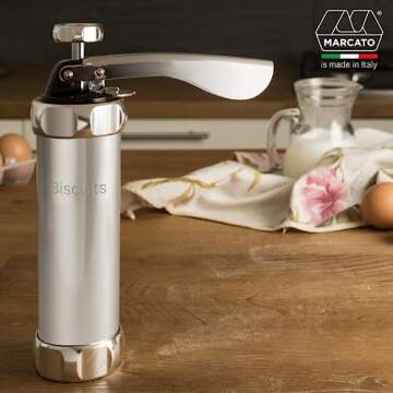 MARCATO Atlas Biscuit Maker Press, Made in Italy, Includes 20 Cookie Disc Shapes, Classic Silver