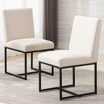 Modern Fabric Dining Chairs Set of 2, Linen Upholstered Dining Room Chairs, Mid Century Armless Kitchen Chair with Black Legs for Dining Room, Beige