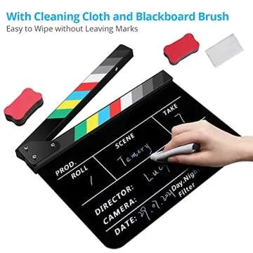 Temery Acrylic Film Clapper Board -12 x 10in Film Slate Clapperboard Movie Theater Decor Clapboard with a Magnetic Blackboard Eraser, Two Custom Pens, Cleaning Cloth and Hexagonal Wrench