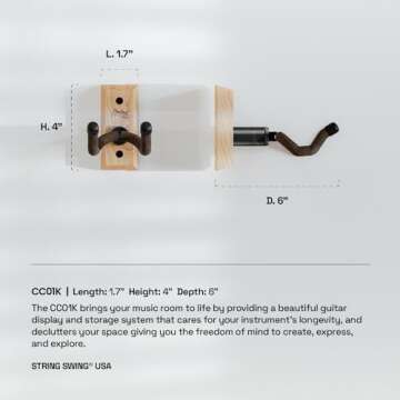 String Swing Guitar Wall Mount, Guitar Hanger, Wall Guitar Mount, Guitar Holder Hook for Wall, Fits All Size Guitars, Acoustic, Electric, Bass, Cherry Hardwood - Made in USA