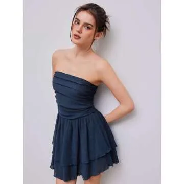 CIDER Women's Summer Cocktail Dress - Tube Ruched Ruffle Mini Dress