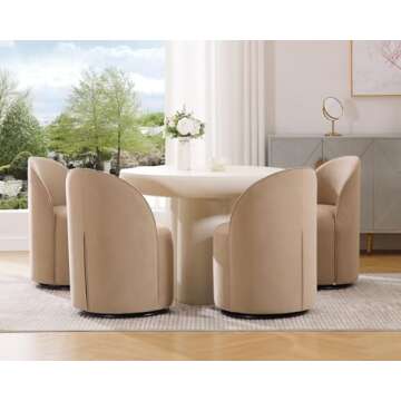 HNY Upholstered Kitchen & Dining Room Barrel Chairs Set of 6, Mid Century Modern Round Velvet Dining Chairs, 360 Degree Swivel Comfy Armless Accent Makeup Vanity Side Chairs for Living Room, Khaki
