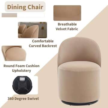 HNY Upholstered Kitchen & Dining Room Barrel Chairs Set of 6, Mid Century Modern Round Velvet Dining Chairs, 360 Degree Swivel Comfy Armless Accent Makeup Vanity Side Chairs for Living Room, Khaki