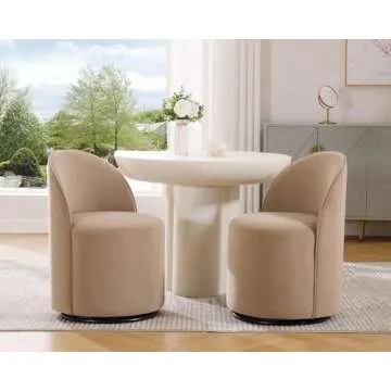 HNY Upholstered Kitchen & Dining Room Barrel Chairs Set of 6, Mid Century Modern Round Velvet Dining Chairs, 360 Degree Swivel Comfy Armless Accent Makeup Vanity Side Chairs for Living Room, Khaki