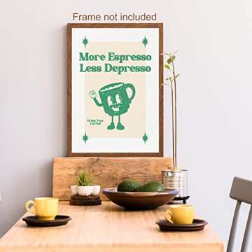 WMDZQSH Vintage Coffee Canvas Wall Art Green Funny Quotes More Espresso Less Depresso Poster Coffee Bar Sign Prints Painting Retro Cartoon Wall Decor for Kitchen Dining Room 16x24 in Unframed