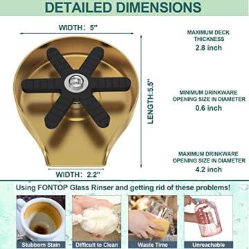 Gold Glass Rinser for Kitchen Sink, FONTOP Heavy Duty Stainless Steel Bottle Washer Cup Cleaner Sink Attachment Accessories for Home Bar Faucet