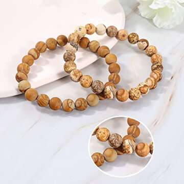 Bivei Natural Gemstone Semi Precious Healing Crystals Handmade Stretchy Round Beads Bracelet, Enhance Positive Energy(Wood Grain Jasper & Picture Jasper（Creativity） Medium)