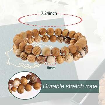 Bivei Natural Gemstone Semi Precious Healing Crystals Handmade Stretchy Round Beads Bracelet, Enhance Positive Energy(Wood Grain Jasper & Picture Jasper（Creativity） Medium)