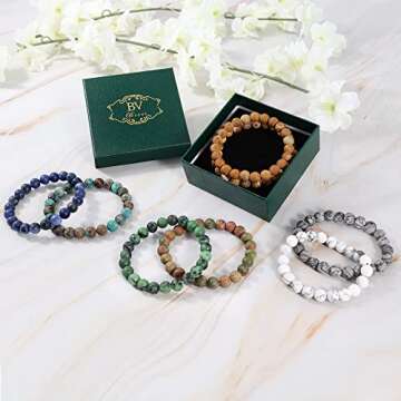 Bivei Natural Gemstone Semi Precious Healing Crystals Handmade Stretchy Round Beads Bracelet, Enhance Positive Energy(Wood Grain Jasper & Picture Jasper（Creativity） Medium)