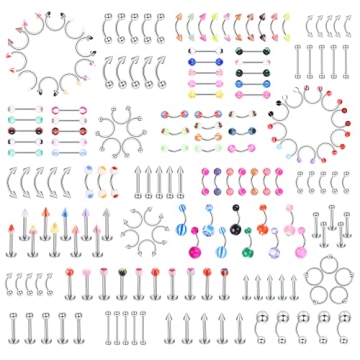 Ubjuliwa 142pcs - 185pcs Body Piercing Jewelry for all piercings, Tongue Nipple Rings Eyebrow Lip Be...
