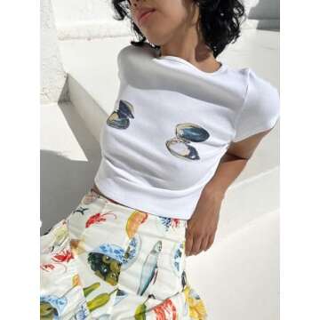 Chloefairy Women's Y2K Baby Tees Short Sleeve E-Girls Graphic Print Slim Fit Summer Crop Top for Teen Girls (Shell Print, S)