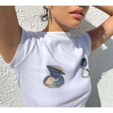 Chloefairy Women's Y2K Baby Tees Short Sleeve E-Girls Graphic Print Slim Fit Summer Crop Top for Teen Girls (Shell Print, S)