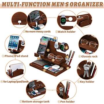 Wood Phone Docking Station - Nightstand Charging Organizer and Cell Phone Stand - Bedside Gift for Men