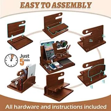 Wood Phone Docking Station - Nightstand Charging Organizer and Cell Phone Stand - Bedside Gift for Men