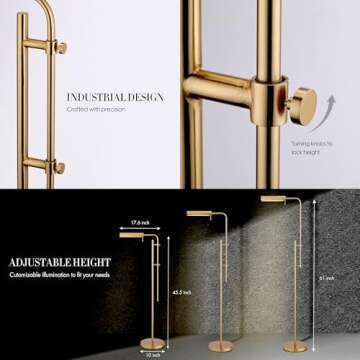 O'Bright Cedric Adjustable Pharmacy Floor Lamp - Industrial Design for Reading, Crafting, Work - 10W LED, Height 45-61 inches - Ideal for Living Room, Bedside, Office - Antique Brass (Gold)