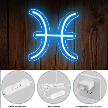 Zodiac Picses Led Neon Sign 11"x7.8" | USB Power Astrology Zodiac Horoscope Led Light For Baby Room,BedRoom,Kids Room Birthday Decor