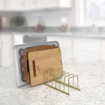 Spectrum Diversified Euro Kitchen Lid Organizer for Plates, Cutting Boards, Bakeware, Cooling Racks, Pots & Pans, Serving Trays, and Reusable Containers, Gold 4.5 x 13.5 x 4.25 inches