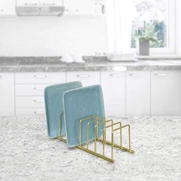 Spectrum Diversified Euro Kitchen Lid Organizer for Plates, Cutting Boards, Bakeware, Cooling Racks, Pots & Pans, Serving Trays, and Reusable Containers, Gold 4.5 x 13.5 x 4.25 inches