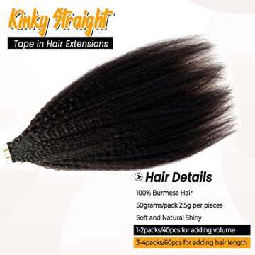 Tape in Hair Extensions for Black Women,Human Hair Tape in Kinky Straight Hair Extensions Tape ins 2...