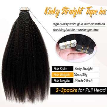 Tape in Hair Extensions for Black Women,Human Hair Tape in Kinky Straight Hair Extensions Tape ins 20pieces 50 gram Invisible Seamless Skin Weft Remy Hair Extensions 24 inch