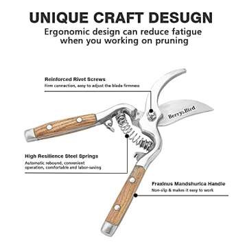 Berry&Bird Garden Pruning Shears with Curved Blades Gardening Hand Pruning Snips Titanium Coated Precision Blades Trimming Scissors Bonsai Clippers