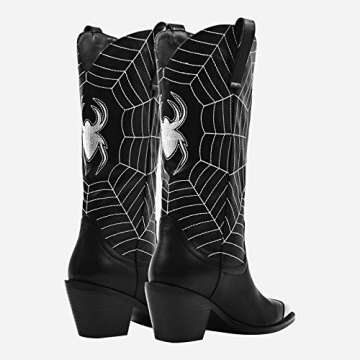 MissHeel Mid Calf Cowgirl Boots Embroidered Block Chunky Heel in Pink Silver