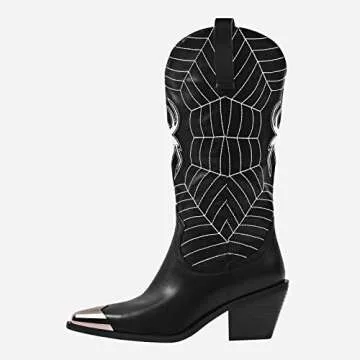 MissHeel Mid Calf Cowgirl Boots Embroidered Block Chunky Heel in Pink Silver