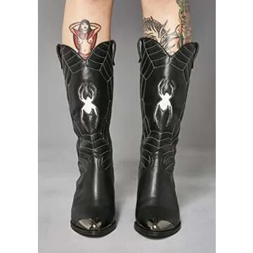 MissHeel Mid Calf Cowgirl Boots Embroidered Block Chunky Heel in Pink Silver