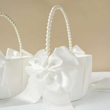 ATAILOVE 2 Pcs Wedding Flower Girl Baskets with Cute Pearl Handle Bowknot Satin Flower Baskets for W...
