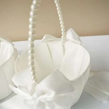 ATAILOVE 2 Pcs Wedding Flower Girl Baskets with Cute Pearl Handle Bowknot Satin Flower Baskets for Wedding Ceremony, Ivory