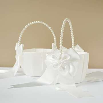 ATAILOVE 2 Pcs Wedding Flower Girl Baskets with Cute Pearl Handle Bowknot Satin Flower Baskets for Wedding Ceremony, Ivory