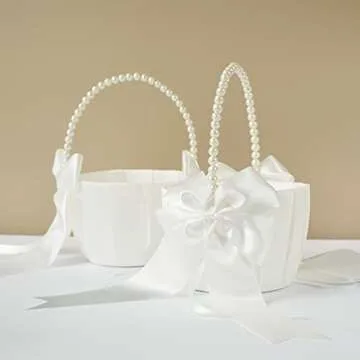 ATAILOVE 2 Pcs Wedding Flower Girl Baskets with Cute Pearl Handle Bowknot Satin Flower Baskets for Wedding Ceremony, Ivory