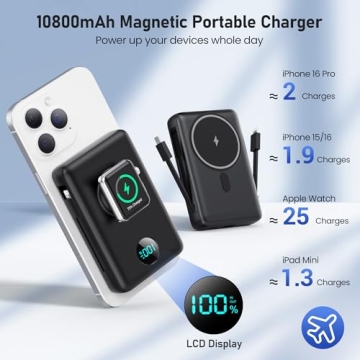 Magnetic Portable Charger for iPhone with Built-in Cables, 6-in-1 10800mAh Power Bank with iWatch Ch...
