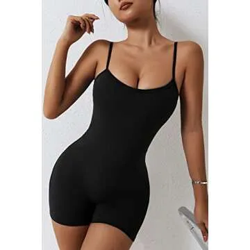 QINSEN Sexy Womens Spaghetti Strap Jumpsuit U Neck Belly Hide Stretch Short Romper Black S