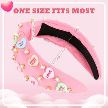 YARIEW Valentines Day Headbands for Women Love Sweet Heart Headband Pink Rhinestone Knotted Headband...