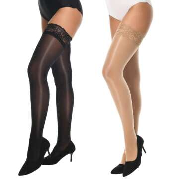 MANZI Shiny Thigh High Stockings Sexy Lace Top Stay Up Silky Sheer Stocking Shimmery Tights for Women 2 Pairs Pack Black and Natural S-M
