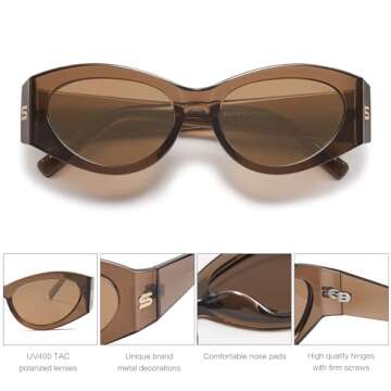 SOJOS Trendy Cat Eye Oval Polarized Sunglasses for Women Fashion Cateye Womens Sunnies SJ2318, Light Brown Frame/Dark Brown Lens