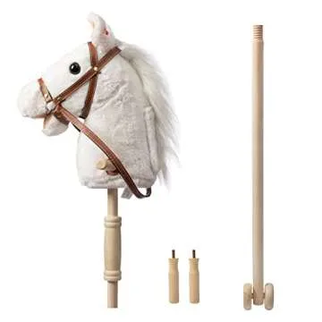 HollyHOME Stick Horse Plush Handcrafted Hobby Horse on a Stick with Wood Wheels Real Pony Neighing and Galloping Sounds for Kids Toddlers White 36 Inches(AA Batteries Required)
