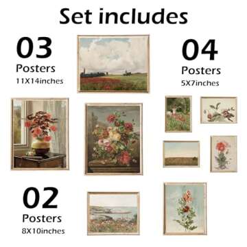 AnyDesign Spring Flower Gallery Wall Art Prints Set Vintage Oil Painting Floral Posters Retro Paper Wall Arts for Living Room Bedroom Decor, 9 Sheet, Multiple Conventional Sizes, Unframed
